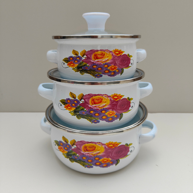 Olla de tres piezas de esmalte directo de fábrica mini olla de sopa aceite de doble oreja olla de fideos instantáneos fondo plano pequeña olla caliente