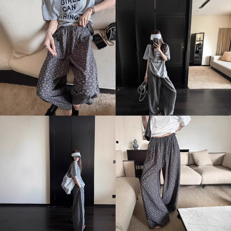 韓国風レイジースタイル花柄薄手カジュアルパンツ女性用夏ハイウエストドレープゆったり肉感ストレートワイドレッグパンツ|undefined