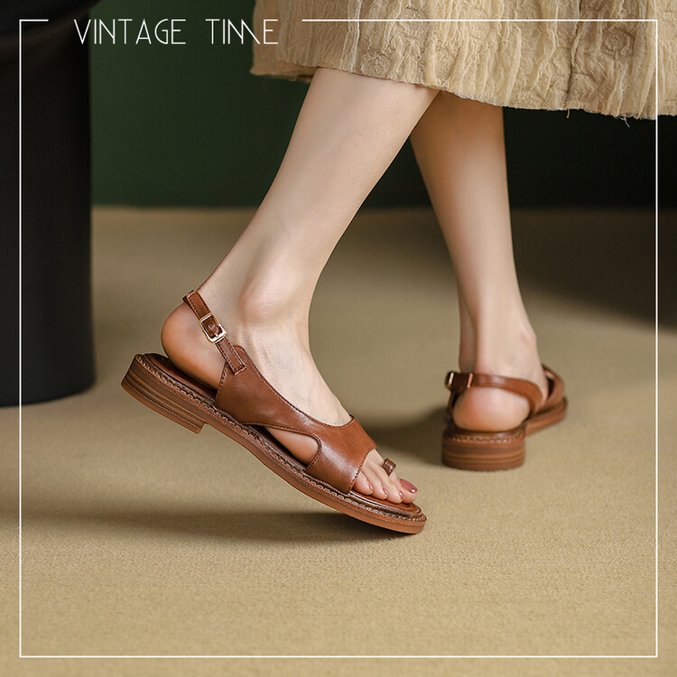 Sandal nữ xỏ ngón đế bệt da thật phong cách La Mã hở mũi quai hậu — Màu nâu, Màu đen, Màu trắng be chi tiết 23
