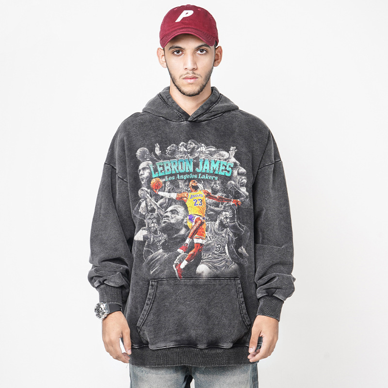 LeBron James American Style Vintage Printed Washed Old Fashion Brand Sweat Men's and Women's Loose Hooded Top