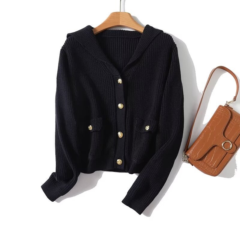 Za Cross-Border Women's Clothing Wholesale Tweed Style Navy Blue Single-Breasted Design Knitted Cardigan Sweater Jacket