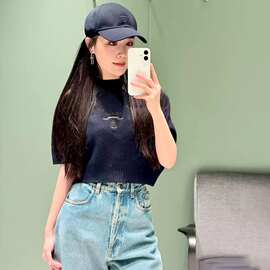 深圳南油高端女装 藏蓝色LOGO字母刺绣 圆领短袖针织衫短款毛衣女