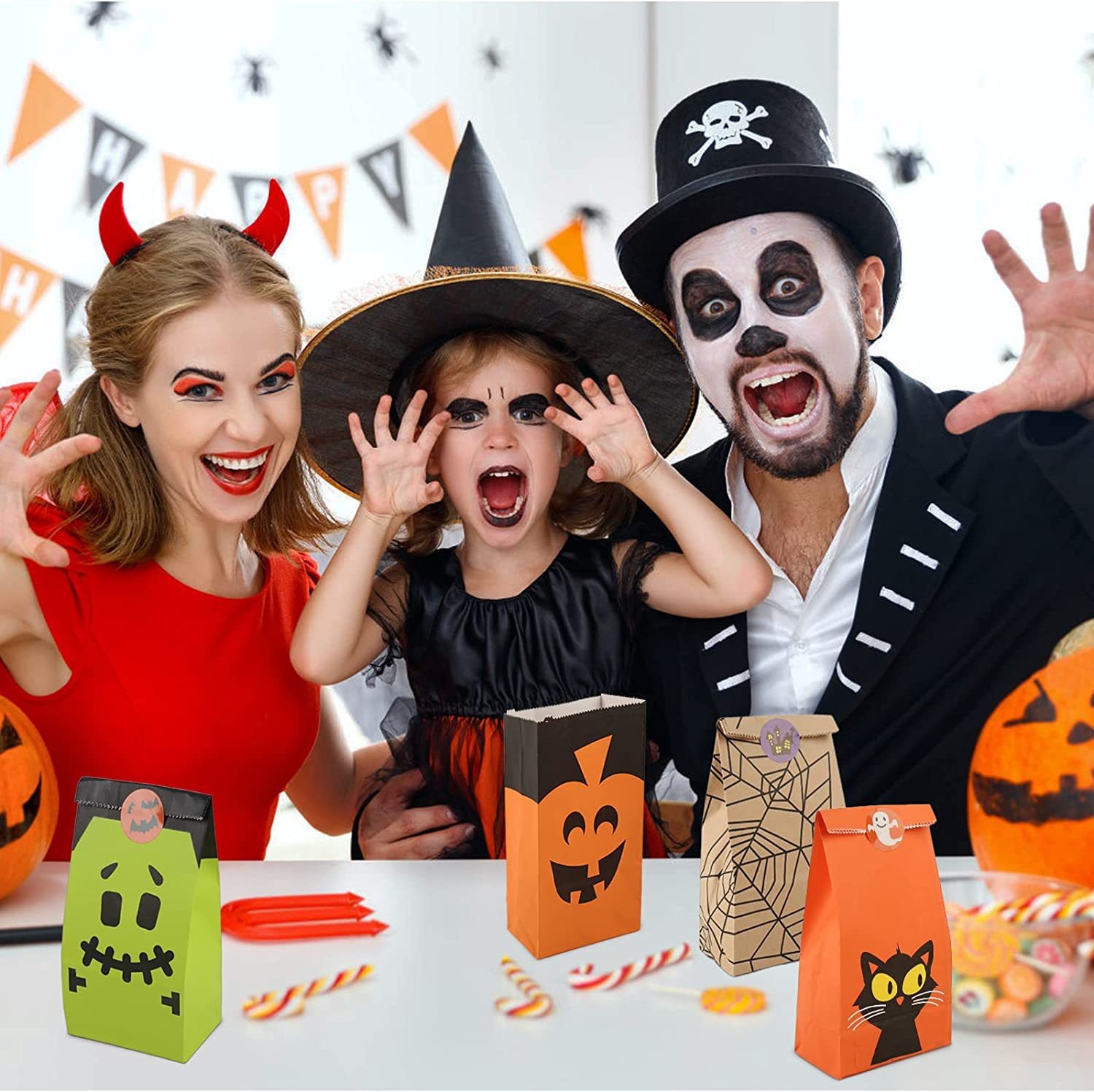 Amazon Foreign Trade Ghost Festival Bolsa de papel kraft Fiesta de vacaciones Regalo de mano Bolso de caramelo de boca plana de Halloween