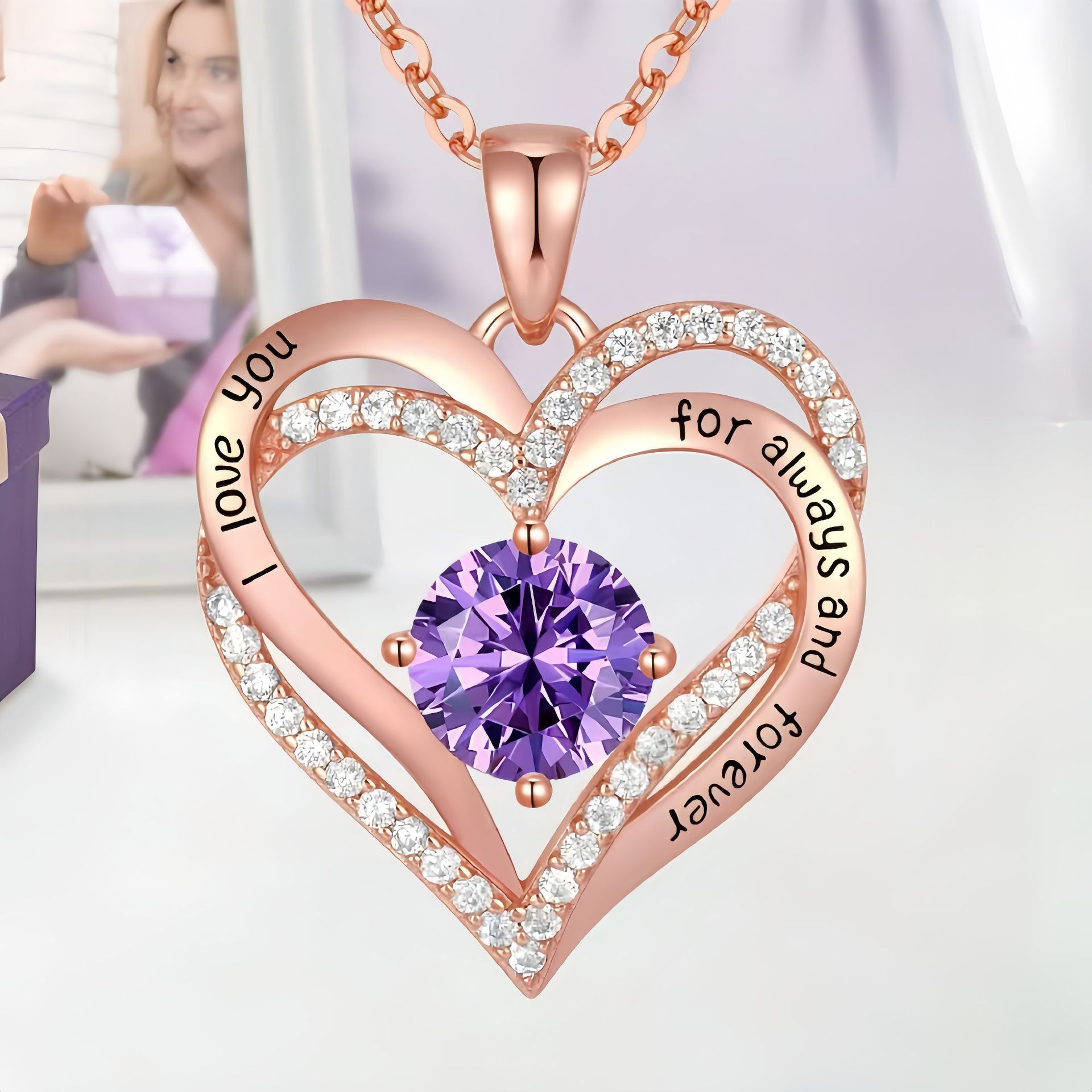 Collar de corazón de circonita colorida con colgante de oro rosa de doble capa, regalo para San Valentín y Día de la Madre