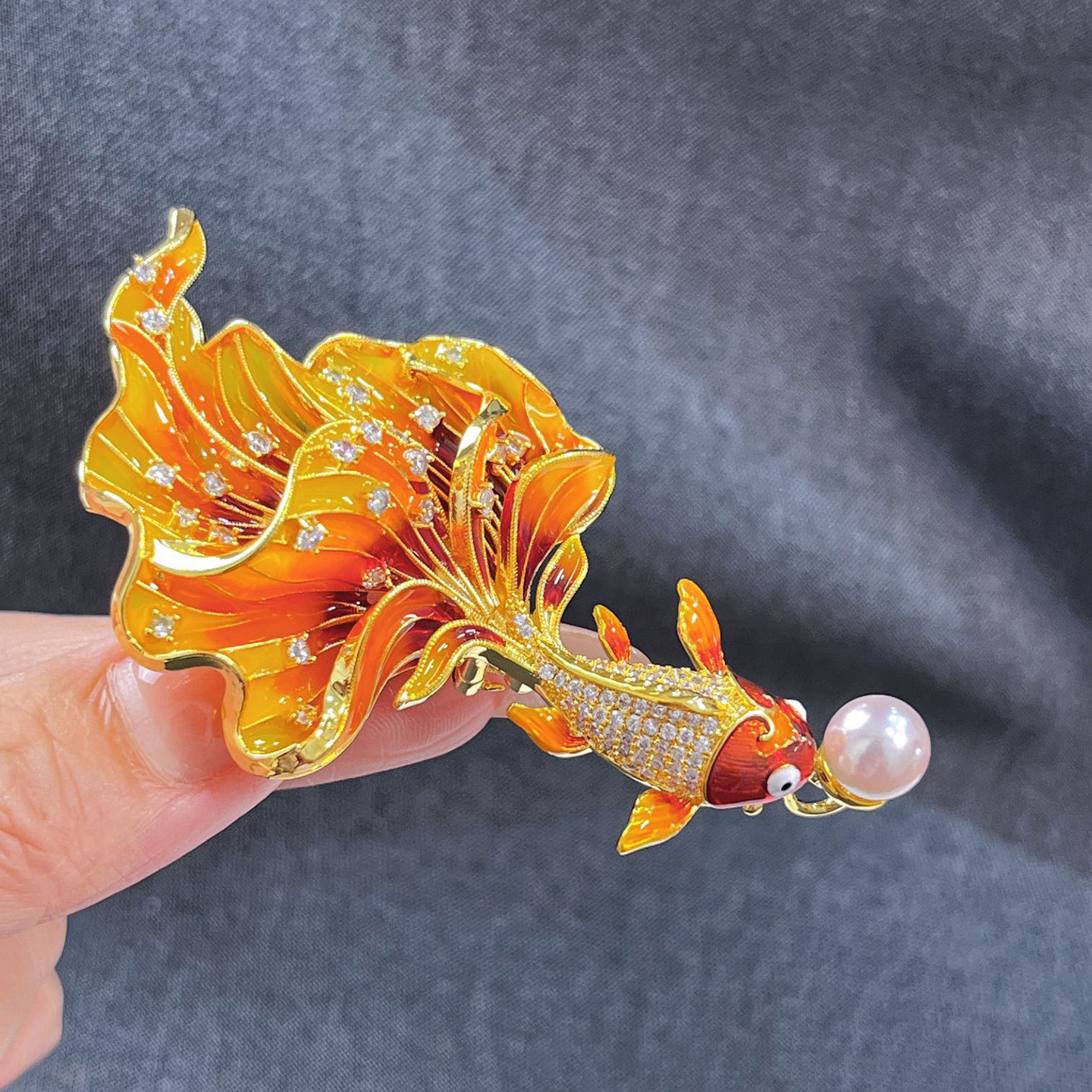 DIY accessories, Chinese-style enamel koi fish brooch, 3D gold-plated fish tail, cubic zirconia pin, pearl brooch setting