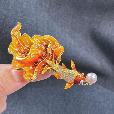 DIY accessories, Chinese-style enamel koi fish brooch, 3D gold-plated fish tail, cubic zirconia pin, pearl brooch setting (Yaxa sancaqları) - gold-and-orange-accessories-excluding-pearls