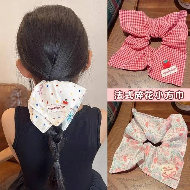 儿童格子小方巾发绳法式碎花大肠发圈可爱百搭蝴蝶结头绳发饰批发|undefined