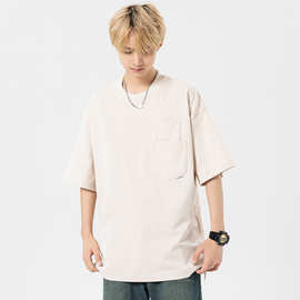 日式复古纯棉300g重磅短袖t恤男夏季新款双兜下摆开叉五分袖上衣