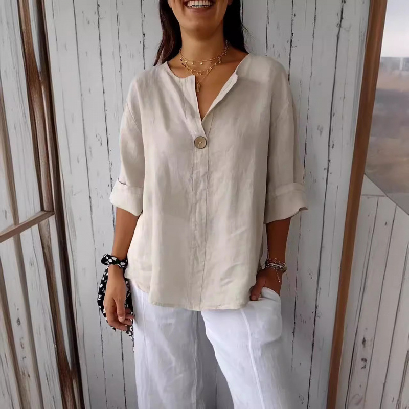 Women's Autumn Loose-Fitting Cotton Linen T-Shirt With V-Neck And Buttoned Design, Available In Plus Sizes For Wholesale_ecoleips.com