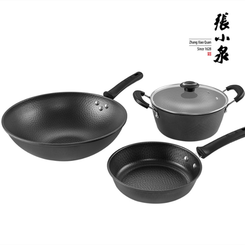 Zhang Xiaoguang Precision Iron Hammered Pattern Cookware Set of Three (Wok, Pan, Pot) Gas and Electric Stove Flat Iron Pan Household