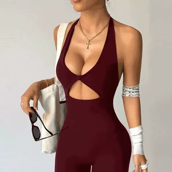 Cross-Border Halterneck Backless Sports Jumpsuit for Women with Twist Design High Waist Hip Lifting Yoga Fitness Wear Slimming Jumpsuit