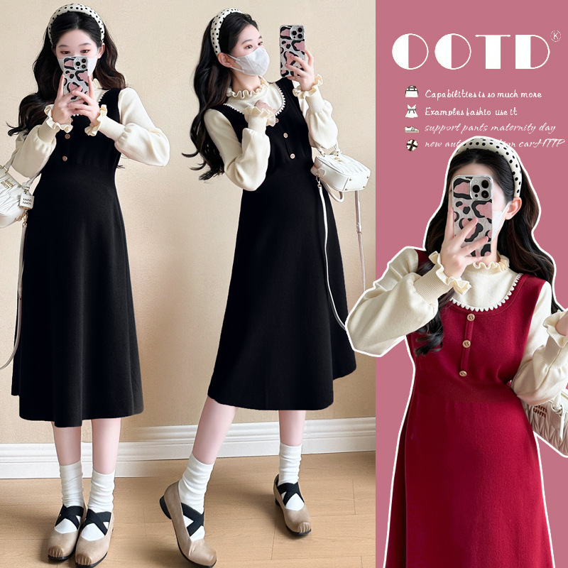 Maternity Dress Autumn and Winter Fragrant Style Christmas Red Fake Two-piece Loose Age-reducing All-match Pregnant Women Thickened Sweater Skirt