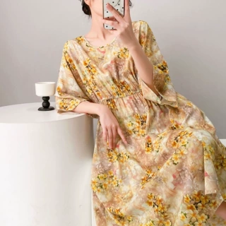 新款绸睡裙女夏季薄款印花显瘦可外穿大码连衣裙宽松长裙女装薄款