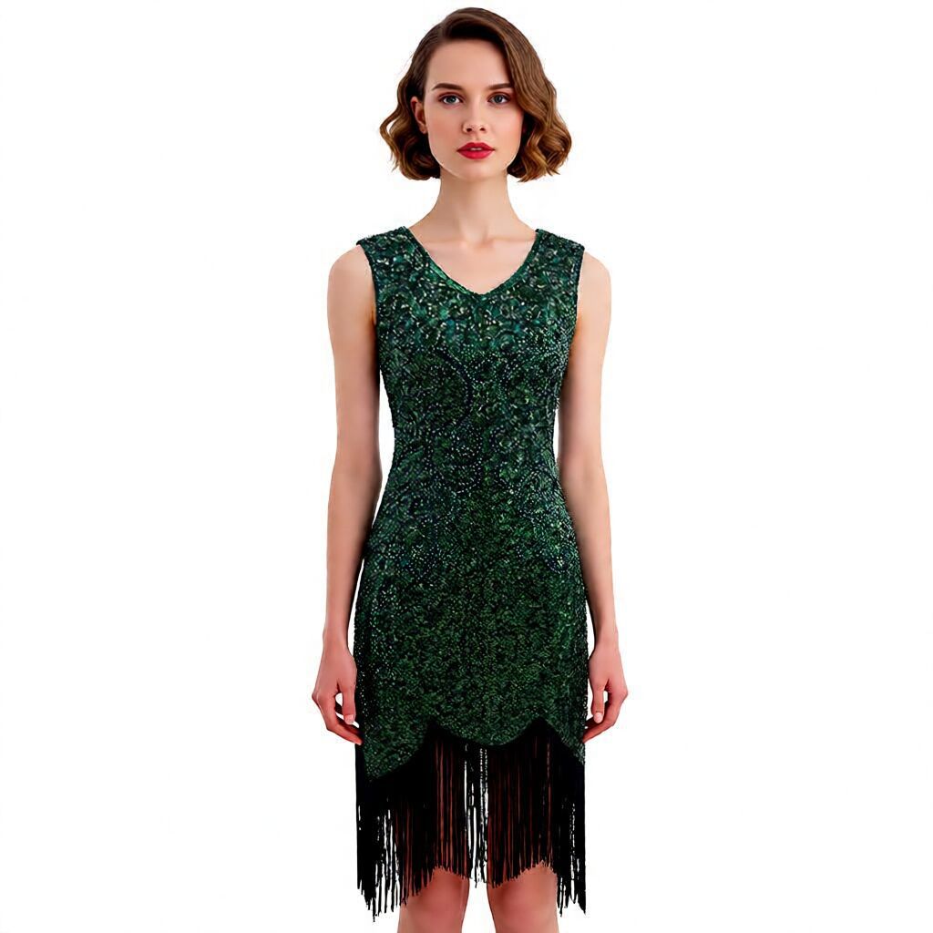 1920S Retro Gatsby Sequin Skirt Evening Party Dress Tassel Dance Skirt Double V Neck Dress Stage Performance Costume