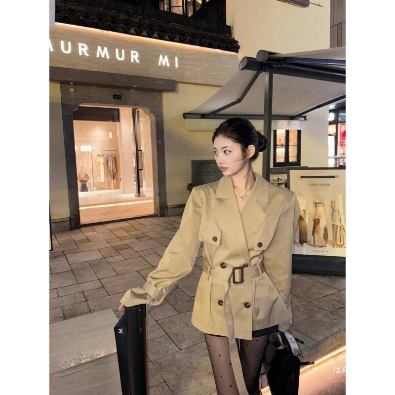 美式辣妹卡其色廓形双排扣中长款风衣秋冬感外套女涤纶半开领长袖|undefined