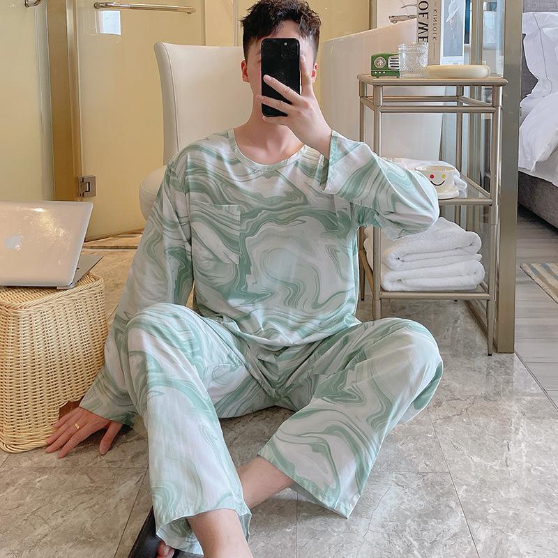 Men's Pajamas Spring and Autumn and Summer Long-sleeved Prellis Men's Outer Wearing plus size Cotton Silk Home Clothes suit for Teenagers Men's Pajamas Spring and Autumn and Summer Long-sleeved Prellis Men's Outer Wearing plus size Cotton Silk Home Clothes suit for Teenagers