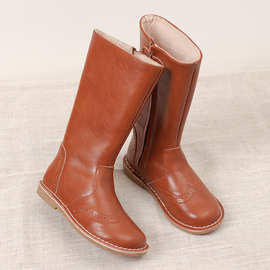 女童长筒靴2023秋冬新款纯色复古雕花英伦风骑士靴儿童高筒皮靴