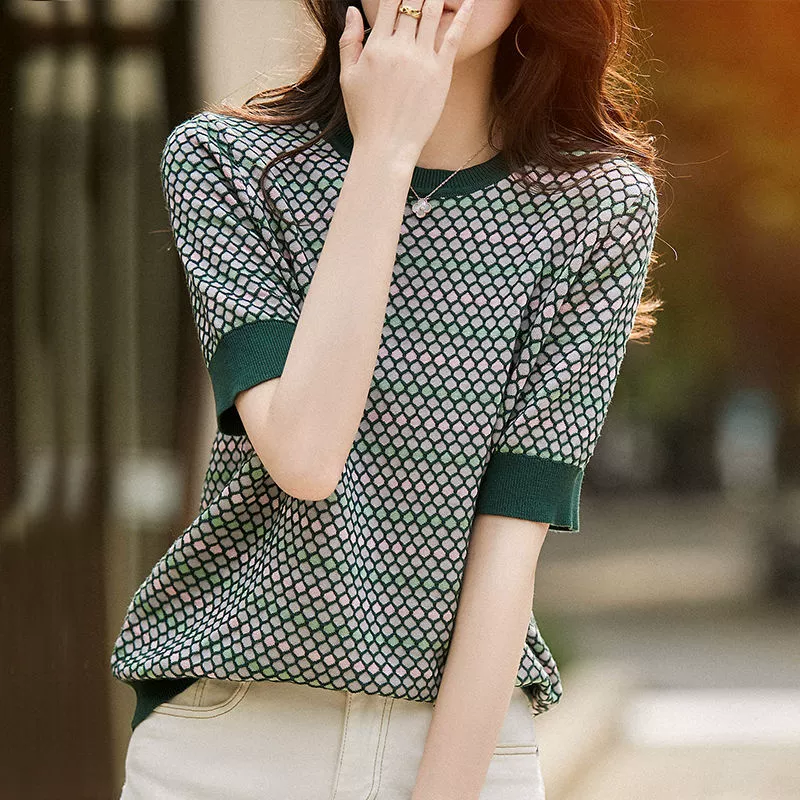 Контрастная цветная клетчатая футболка с круглым вырезом и короткими рукавами для женщин 2023 новый летний ледяной Шелковый свитер свободный стройнящий топ в Корейском стиле