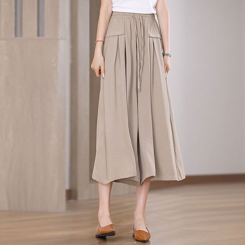 Women's Ice Silk High-Waisted Thin Drapey Casual Pants Summer Loose Plus-Size Fashion Versatile Cropped Pants Skirt with Elastic Waist
