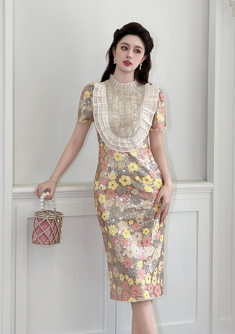 Đầm ôm body nữ thiết kế Pháp họa tiết hoa đính sequin — màu chi tiết 6