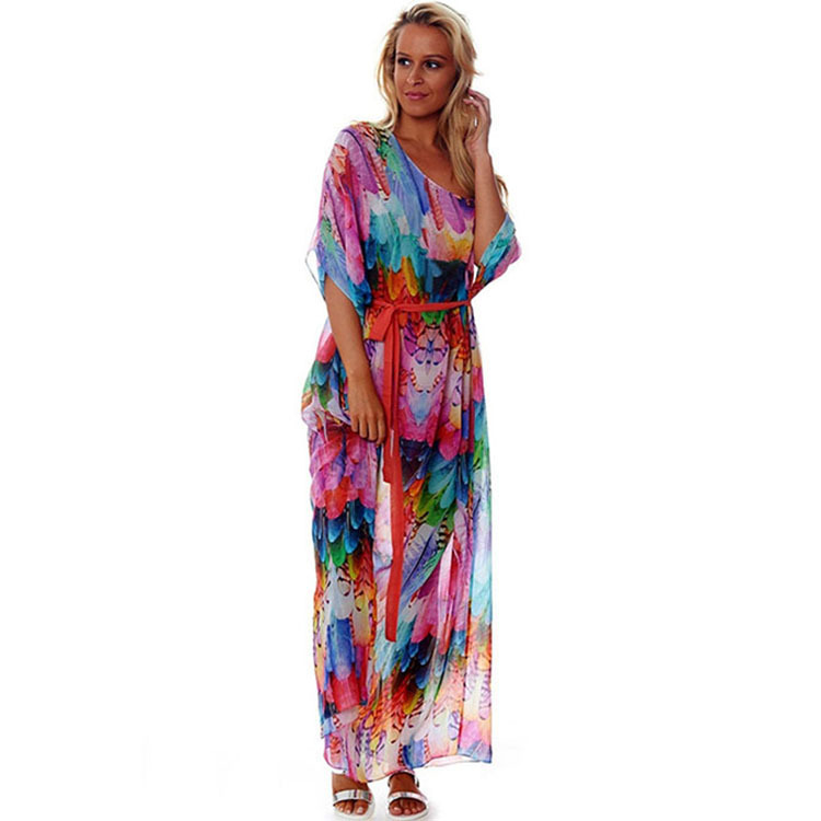 Playa blusa gasa pluma flor suelta robe playa vacaciones falda bikini protección solar ropa europea y americana xf37