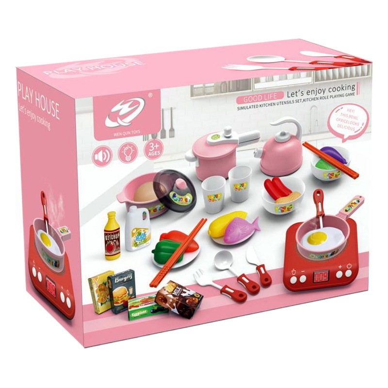 Nueva simulación de comercio exterior inducción cocina electrodomésticos serie niños jugar casa eléctrica juguetes traje iluminación música
