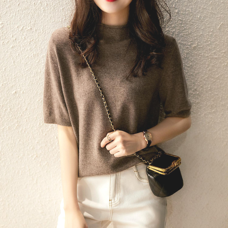 Spring 2022 New Arrival Semi-High Crewneck Short-Sleeved Women's T-Shirt Sweater Slim-Fit Half-Sleeve Base Thin Top