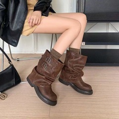 褶皱靴堆堆靴2025春秋英伦风马丁靴圆头粗跟骑士靴短靴女皮带扣