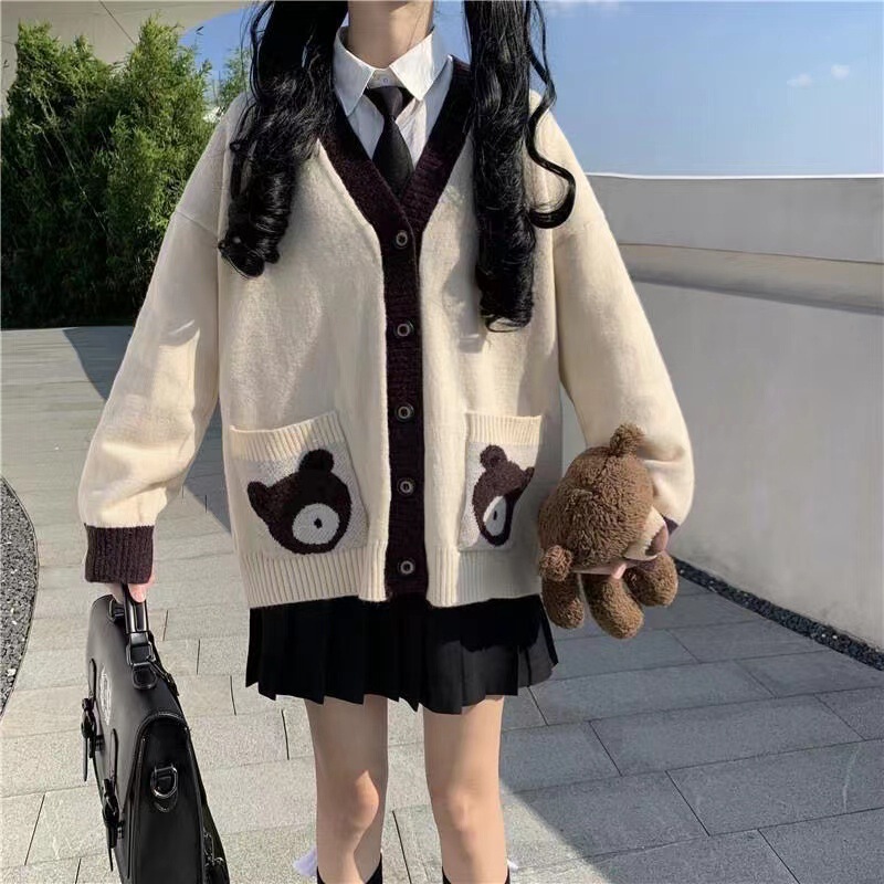 Japanese-Style Sweater Women's Loose Cardigan Mori Girl Soft Girl Academy Style Jk Cute Bear Knit Cardigan for Spring and Autumn