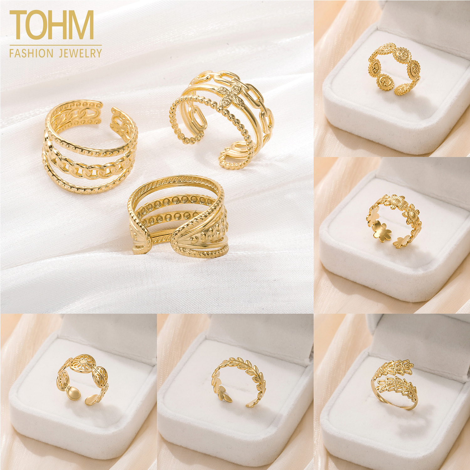 TOHM时尚复古镂空不锈钢开口戒指女百搭不掉色钛钢指环高级感手饰