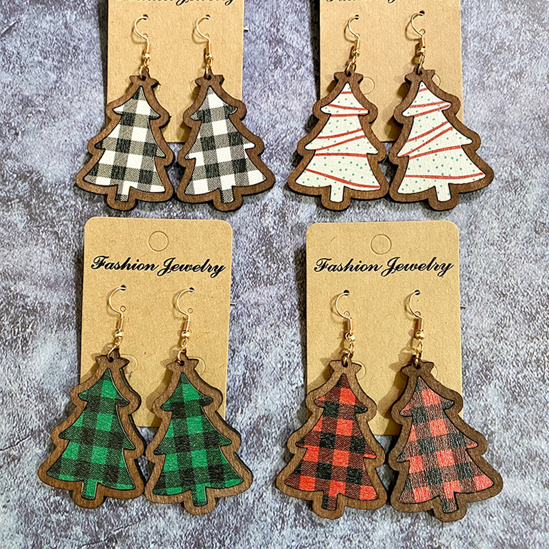 Christmas Festival 1 Pair Christmas Retro Christmas Tree Plaid Wood Drop Earrings