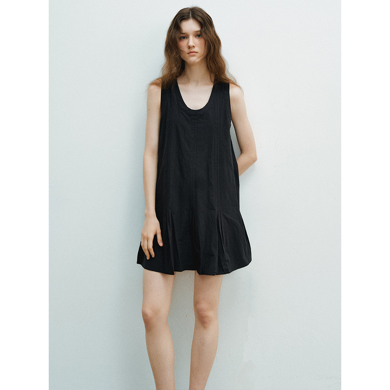 【Dai He】Summer New Casual U-Neck Pleated Pure Cotton Solid Color Mid-Length Sleeveless Dress H60832 【Dai He】Summer New Casual U-Neck Pleated Pure Cotton Solid Color Mid-Length Sleeveless Dress H60832