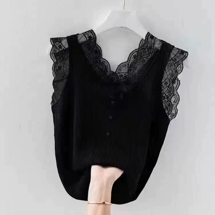 Летняя и весенняяlace ледяное шелковое бисерное стежковое универсальное сл slimming дизайн sexy V-образный вырез вязаный маленький бретель back