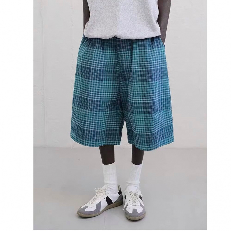 Street Japanese Style Retro Blue Plaid Shorts Men's Loose Straight Summer All-match Casual Cropped Pants Ins