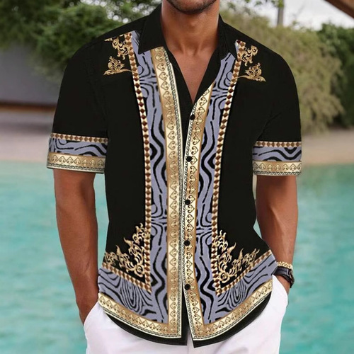 European and American trend fashion summer men's lightweight mature mass Cuba collar short-sleeve printed shirt breathable