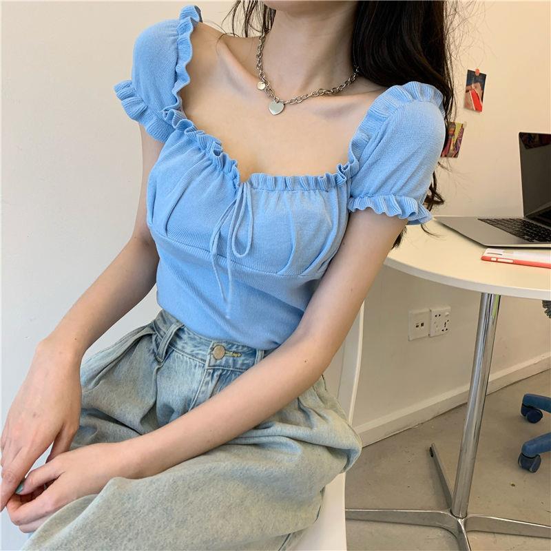 Designed Ruffled Off-Shoulder Crop Top with Drawstring, Slim-Fit Sexy Short-Sleeve Knit Top for Women