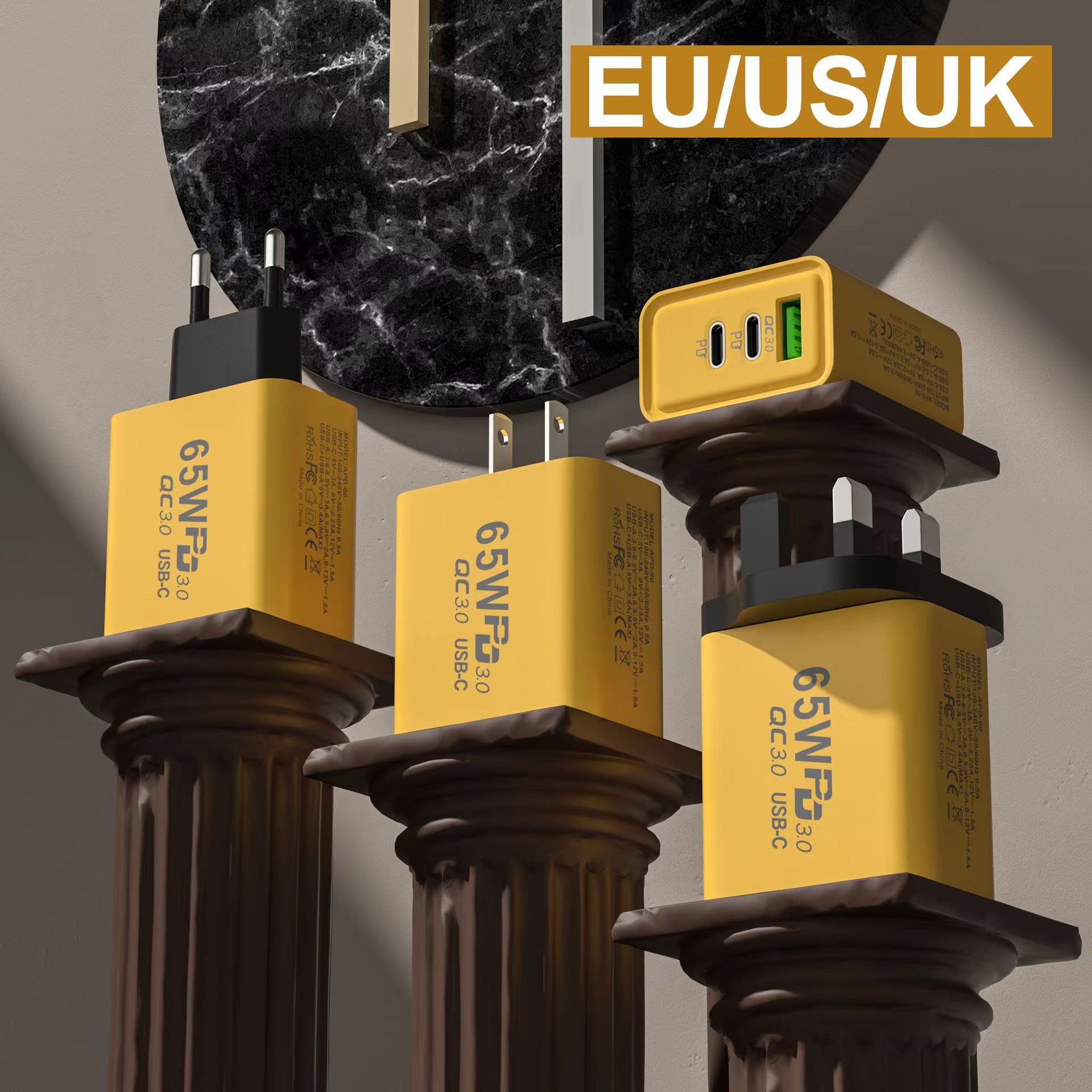 PD65W + QC3.0 chargeur de téléphone portable standard européen double type-c + tête de charge rapide multi-port USB unique_voghion.com