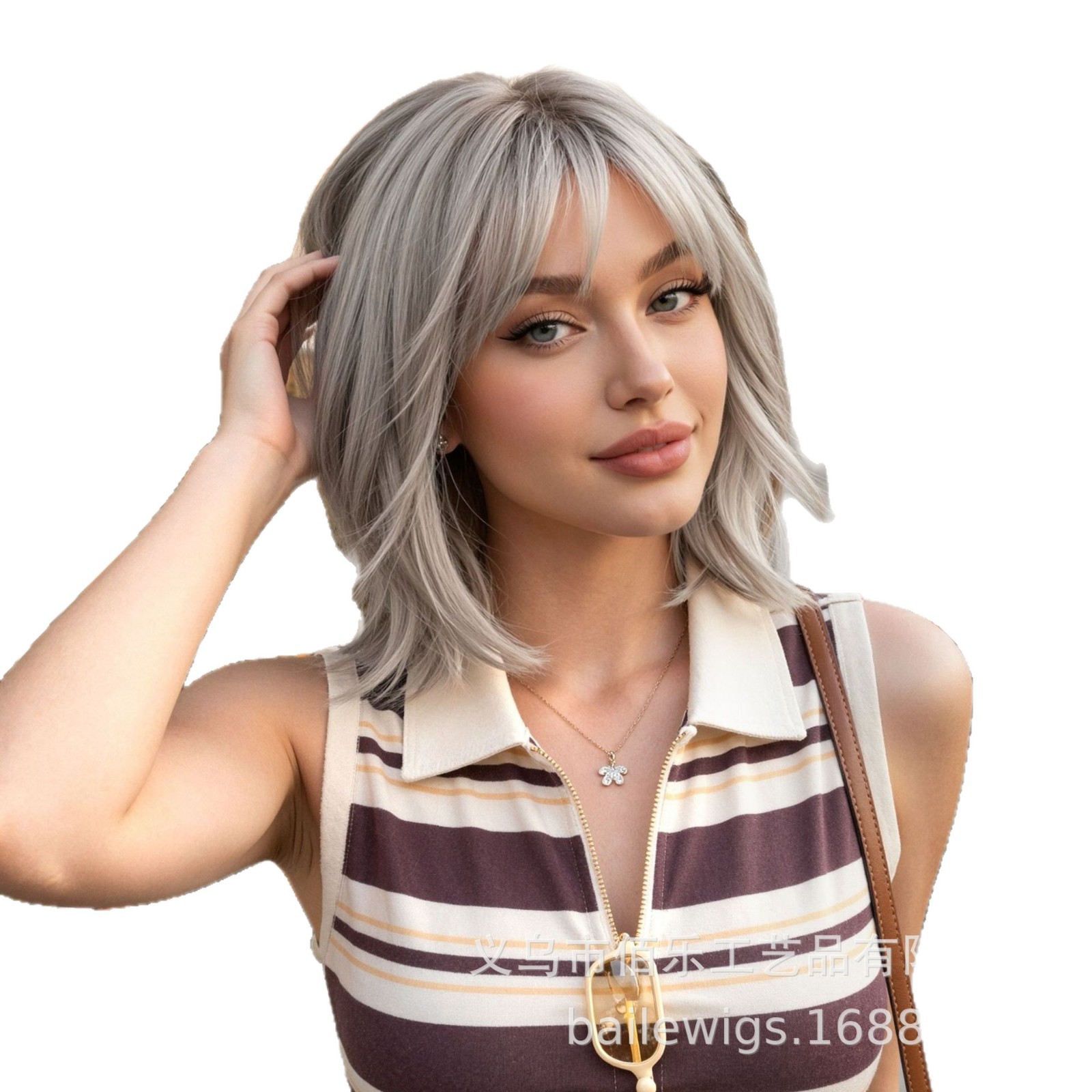Peruca híbrida gris plateada gradiente nivel de onda de aire mecanismo de franja red interna puede ser modelado punto de suministro directo wigs