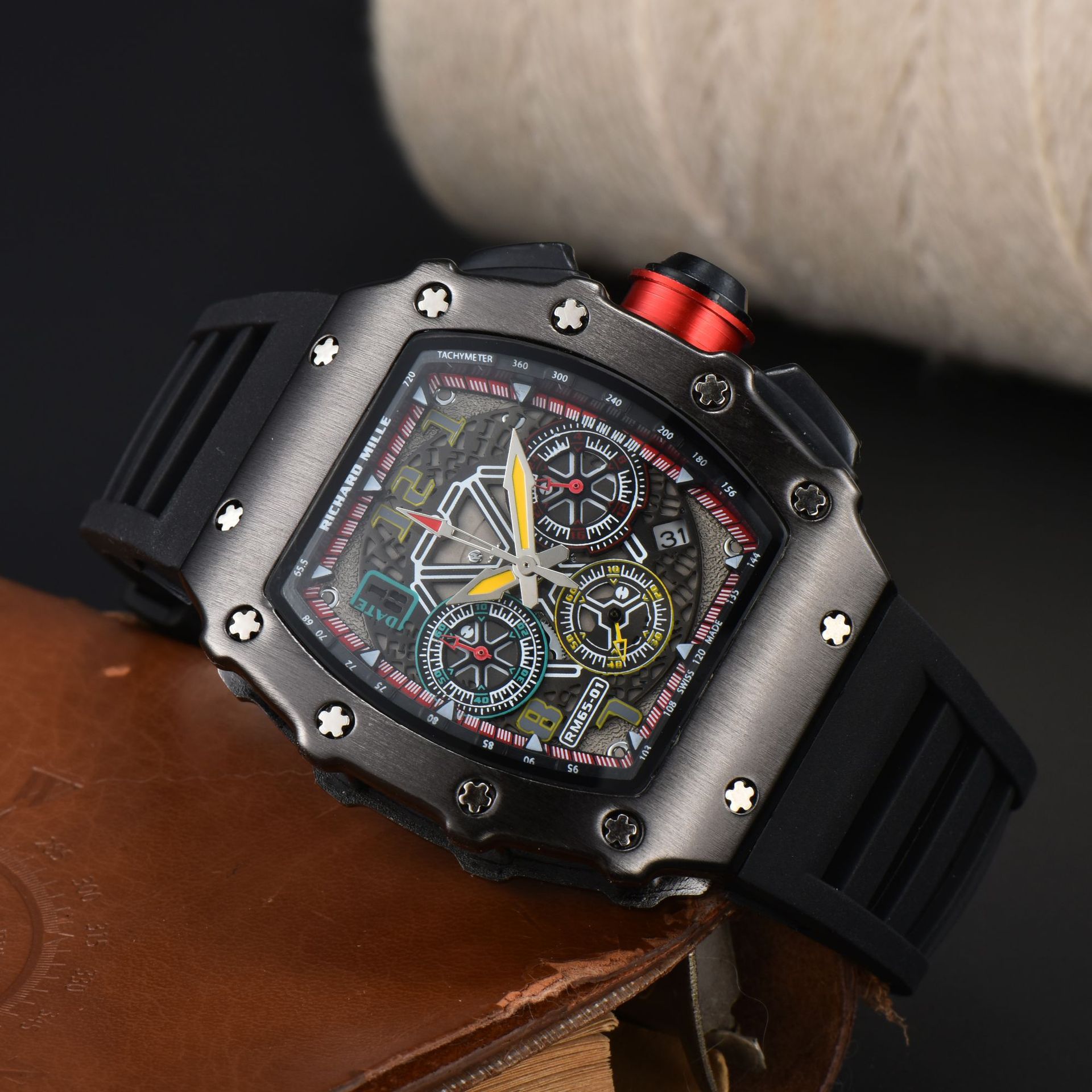 2024 Foreign Trade Men's New Barrel-Shaped Watch Six-Pin Multi-Function Silicone Band Quartz Watch Manufacturer Wholesale