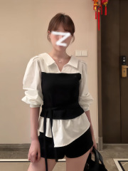 2025法式感裹胸绑带长袖衬衫女秋装Polo领假两件撞色拼接显瘦上衣