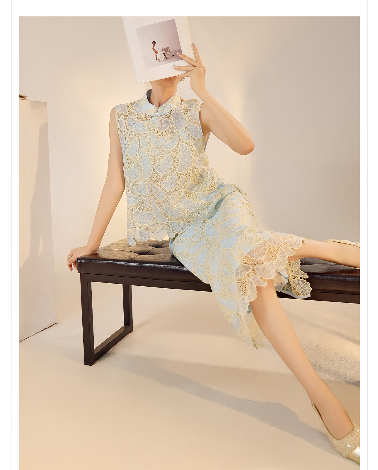 Bộ vest nữ thêu hoa vạt chéo áo gile chân váy hai mảnh phong cách quốc gia — Váy nửa, Áo gilê chi tiết 3