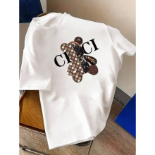 跨境纯棉轻奢风卡通小熊字母T恤女 欧美大牌风格女装短袖纯棉上衣