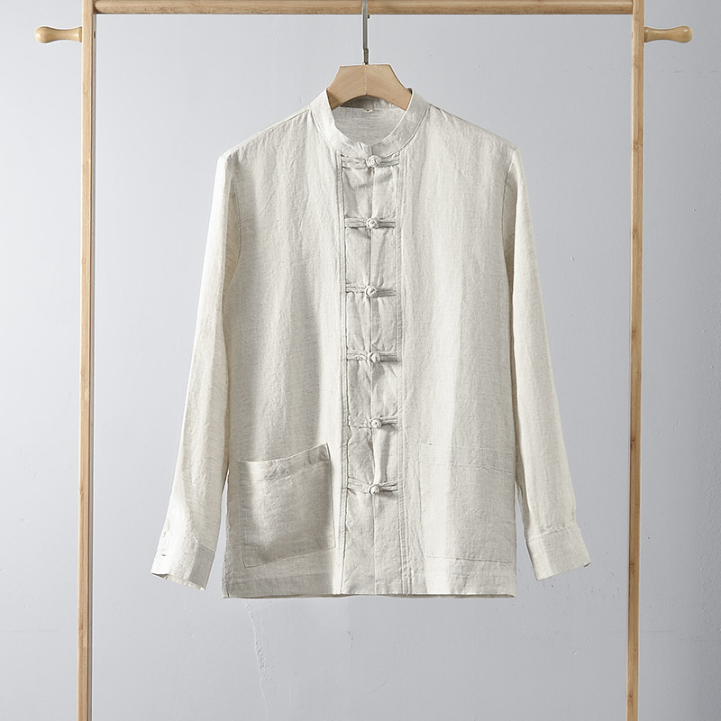 Primavera 2024 hombres de lino estilo nacional camisa suelta retro hebilla chino stand collar manga larga E009