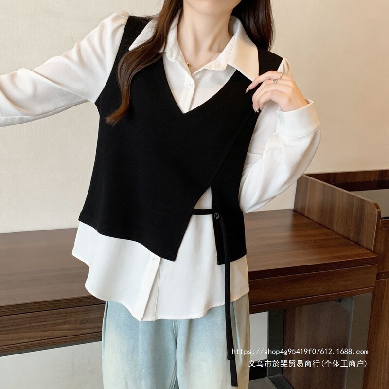 Unique and beautiful faux two-piece vest spliced shirt for women, 2026 spring new style, plus size, chic long-sleeved top