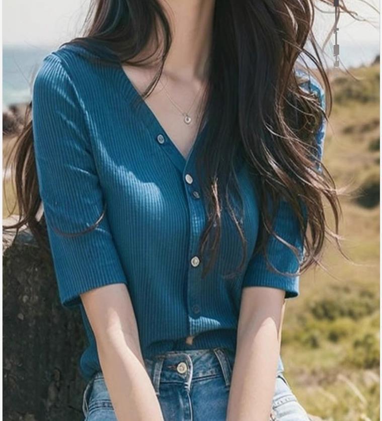 Áo cardigan dệt kim lụa băng màu xanh Dopamine cổ chữ V tay ngắn mùa hè — Màu như hình chi tiết 4
