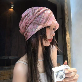 复古粉色格纹堆堆帽女夏季薄款透气小众百搭宽松显脸小辣妹包头帽
