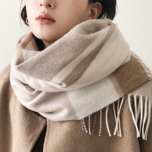  New Wool Warm Scarf Women's Autumn and Winter Color Block Plaid Scarf Long Tassel Scarf Light Luxurious and Advanced