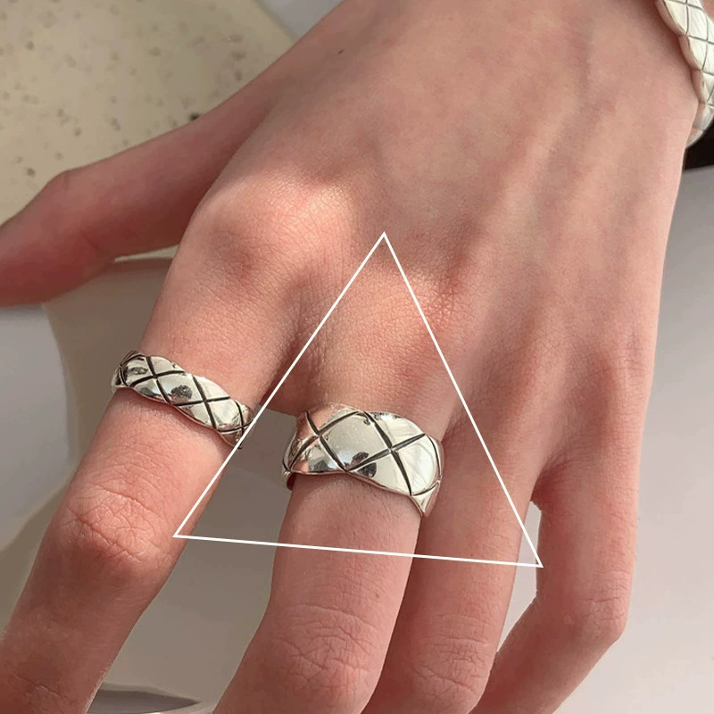 retro fashionable geometric ring hip-hop style, silver 925 sample, on index finger