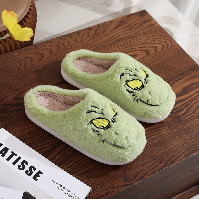 Cross-border Amazon Green Hair Monster Grinch Christmas Cotton Slippers for Men and Women Home Winter Warm Indoor Hair Slippers