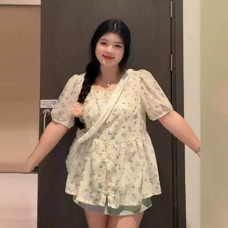 Сладкий ветер минус возраст, сломанный цветок, квадратный воротник, тонкая талия, тонкая шифоновая рубашка, летняя премиум-класса, рукава с пузырьками